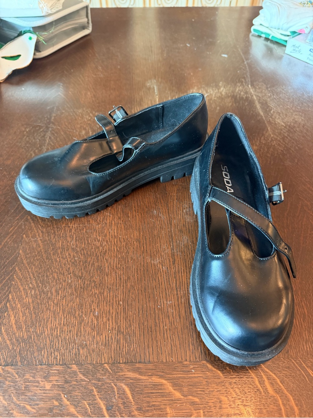 Soda Black Chunky Mary Jane Strap Shoes